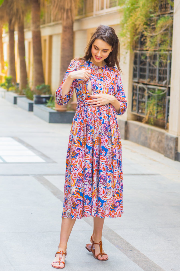 Navy Paisley Maternity & Nursing Concealed Zips Kurta - MOMZJOY.COM