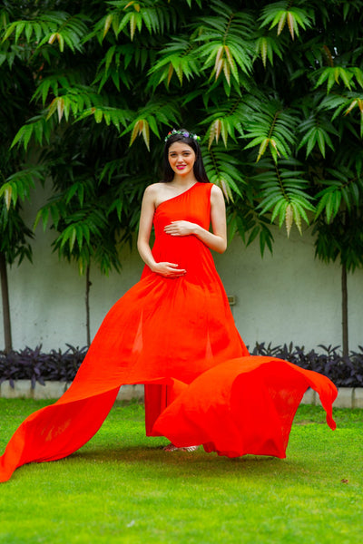 Tangerine Orange Trail Maternity Photoshoot Gown MOMZJOY.COM