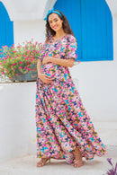 Jolly Butterflying Pink Multilayer Frill Single Concealed Zip Maternity & Nursing Dress MOMZJOY.COM