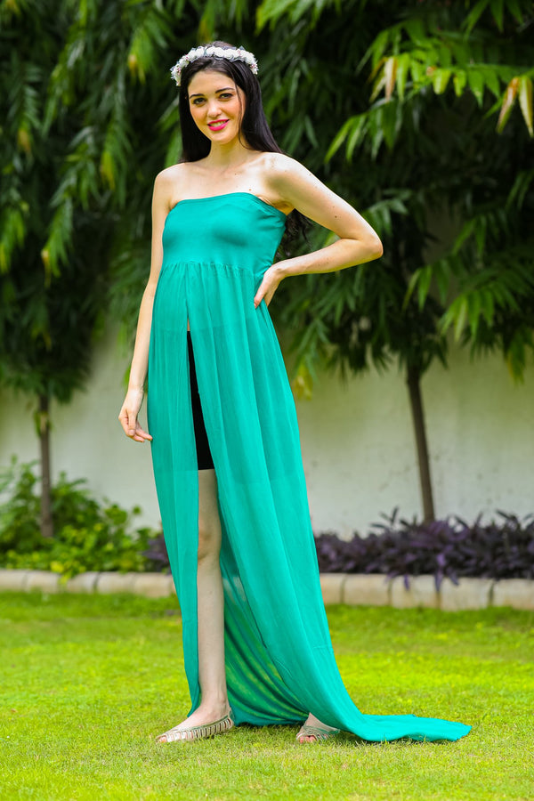 Exclusive Teal Off-Shoulder Long Trail Maternity Photoshoot Gown MOMZJOY.COM