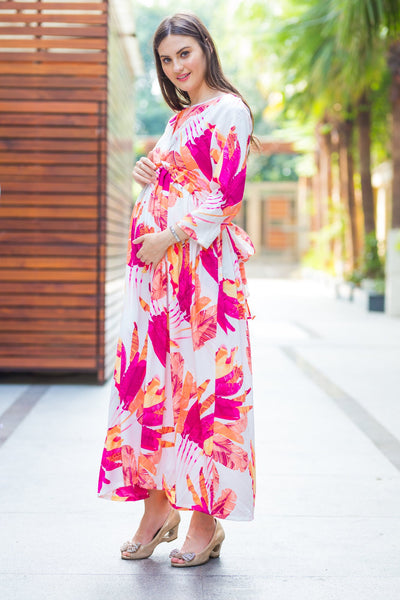 Tangy Floral Knot Maternity Midi Dress MOMZJOY.COM