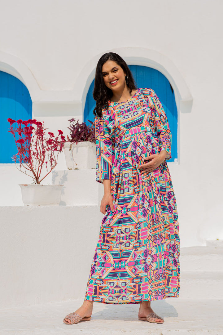 Premium Paradise Vibrant Abstract Concealed Zip Maternity & Nursing Dress momzjoy.com