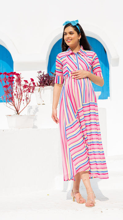Vibrant Striped Maternity & Nursing Dress MOMZJOY.COM