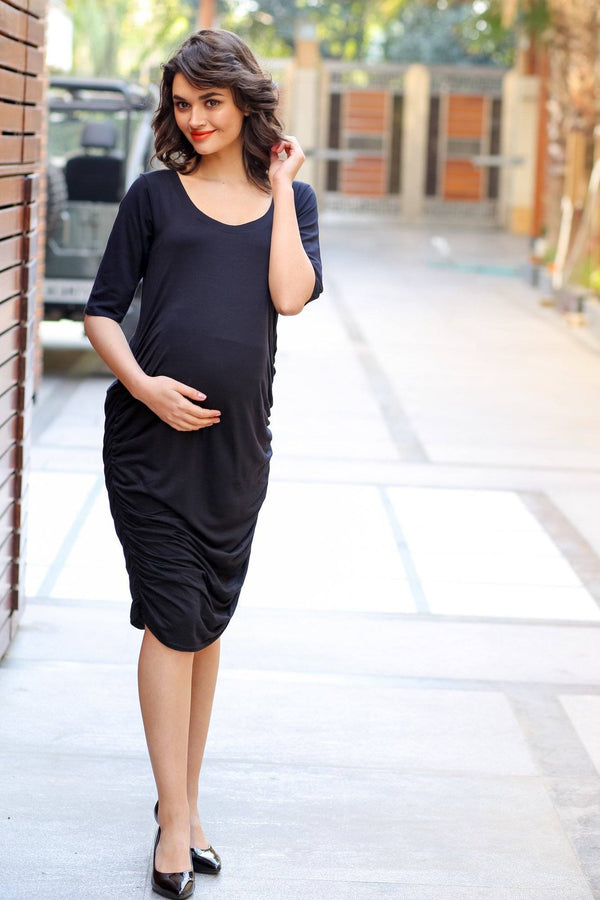 Chic Black Ruching Lycra Maternity Dress momzjoy.com