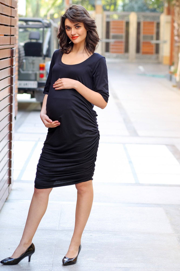 Chic Black Ruching Lycra Maternity Dress momzjoy.com