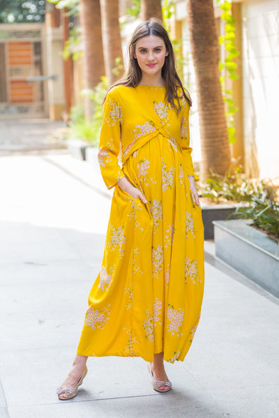 Candid Yellow Floral Maternity Knot Dress MOMZJOY.COM