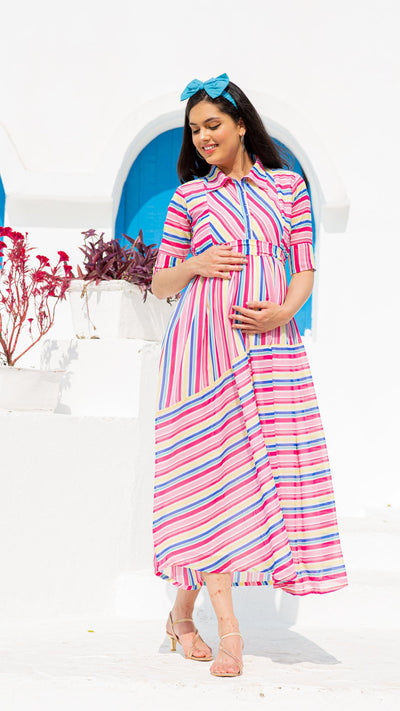 Vibrant Striped Maternity & Nursing Dress MOMZJOY.COM