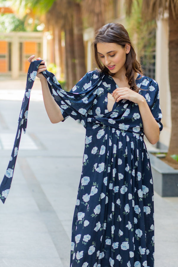 Blossom Buddy Red and Navy Blue Floral Print Maxi Dress