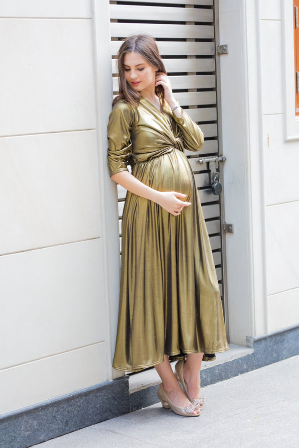 Exclusive Gold Front Knot Lycra Maternity Dress MOMZJOY.COM