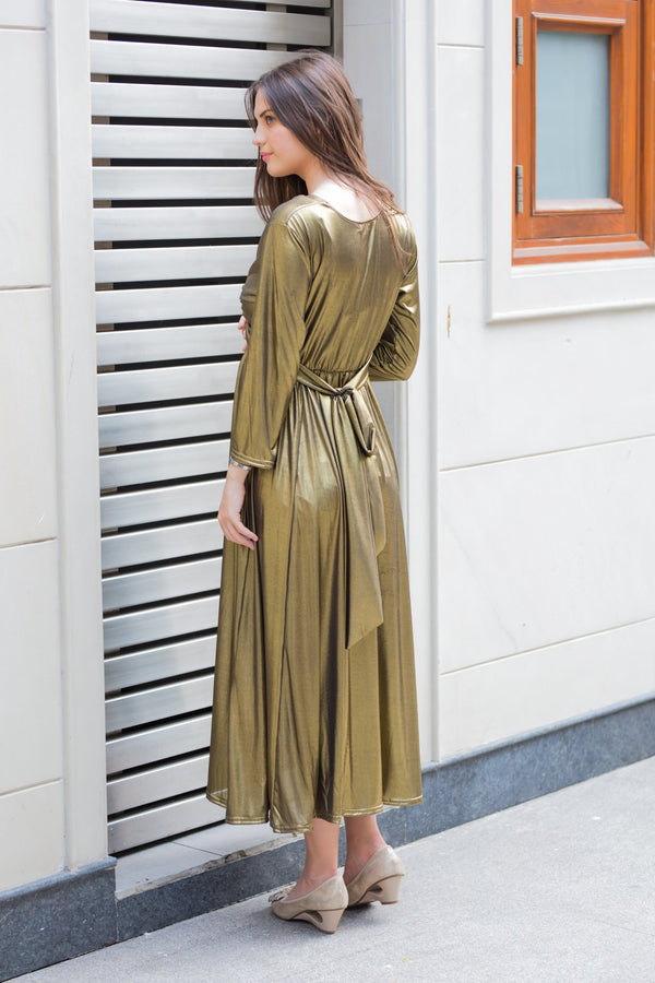 Exclusive Gold Front Knot Lycra Maternity Dress MOMZJOY.COM
