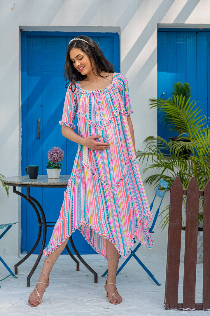 Angelic Vibrant Striped Long Maternity & Nursing Dress MOMZJOY.COM