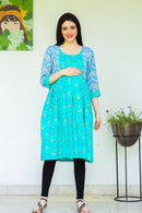 Mint Blue Jacket Style Maternity & Nursing Kurta momzjoy.com