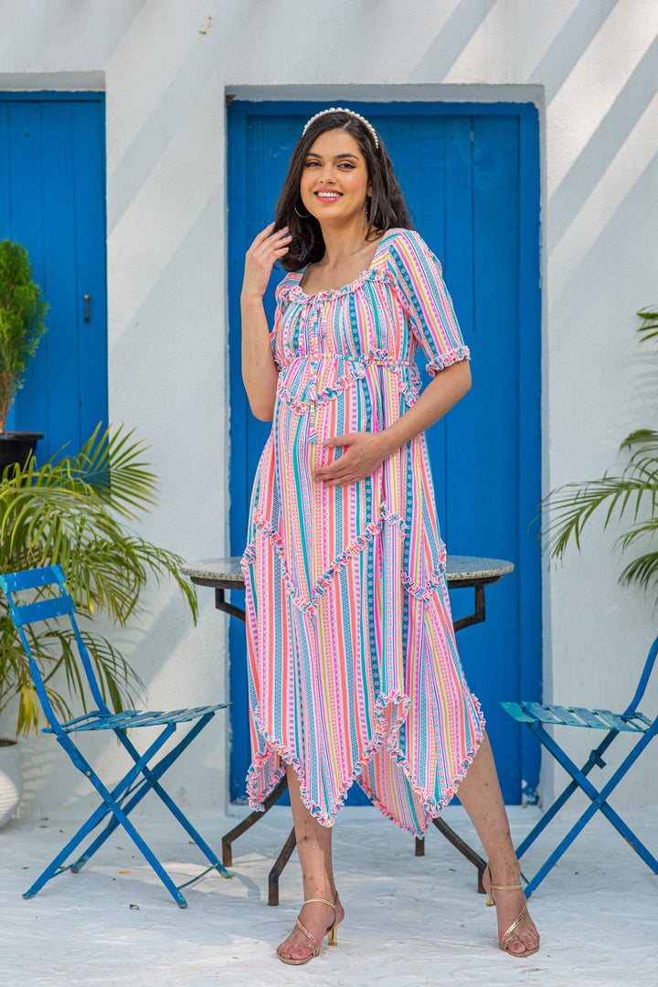 Angelic Vibrant Striped Long Maternity & Nursing Dress MOMZJOY.COM