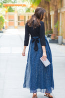 Luxe Blue Chiffon Black Maternity & Nursing Wrap Dress MOMZJOY.COM