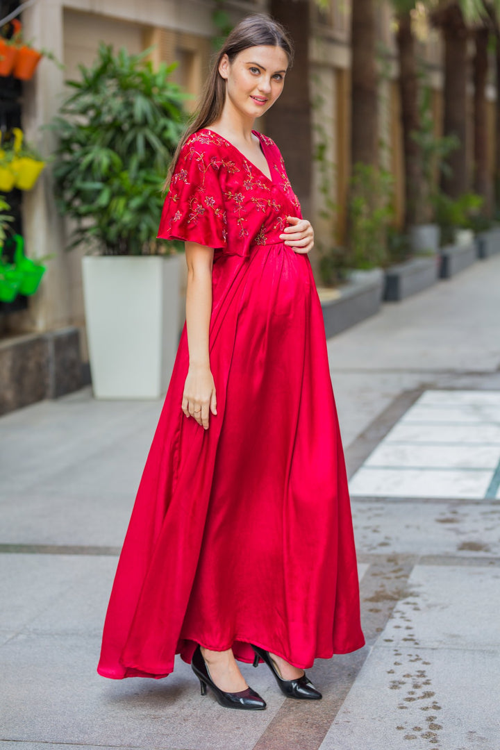 Luxe Blush Red Maternity & Nursing Dress momzjoy.com