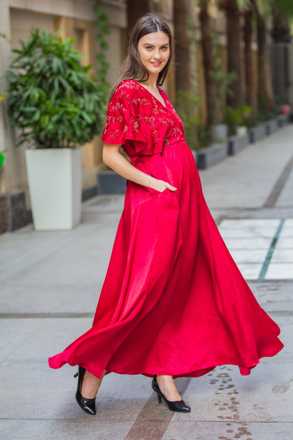 Luxe Blush Red Maternity & Nursing Dress momzjoy.com