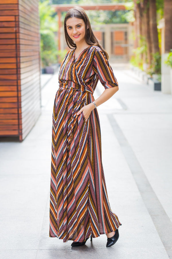 Dancing Striped Maternity & Nursing Wrap Dress MOMZJOY.COM