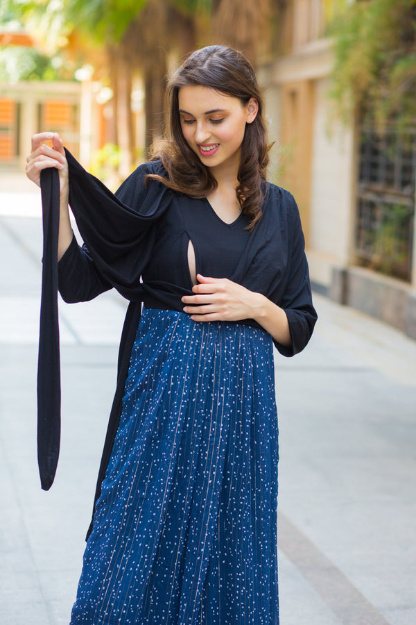 Luxe Blue Chiffon Black Maternity & Nursing Wrap Dress MOMZJOY.COM