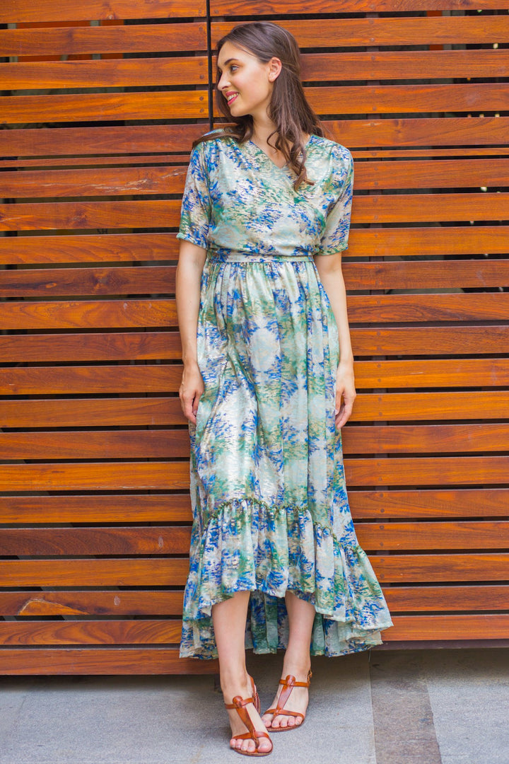 Green Embellished Hi-Low Frill Maternity & Nursing Wrap Dress momzjoy.com