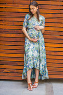 Green Embellished Hi-Low Frill Maternity & Nursing Wrap Dress momzjoy.com