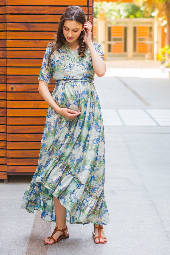 Green Embellished Hi-Low Frill Maternity & Nursing Wrap Dress momzjoy.com