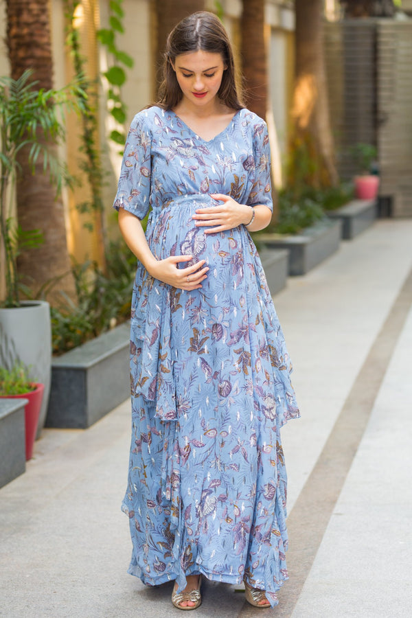 Luxe Foil Embellished Georgette Maternity Dress With Sleeves - MOMZJOY.COM