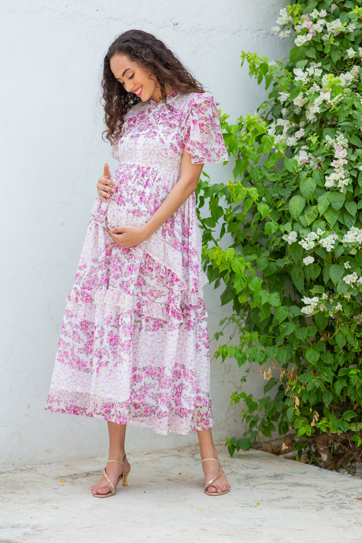 Winsome French Rose Floral Maternity & Nursing Frill Dress momzjoy.com