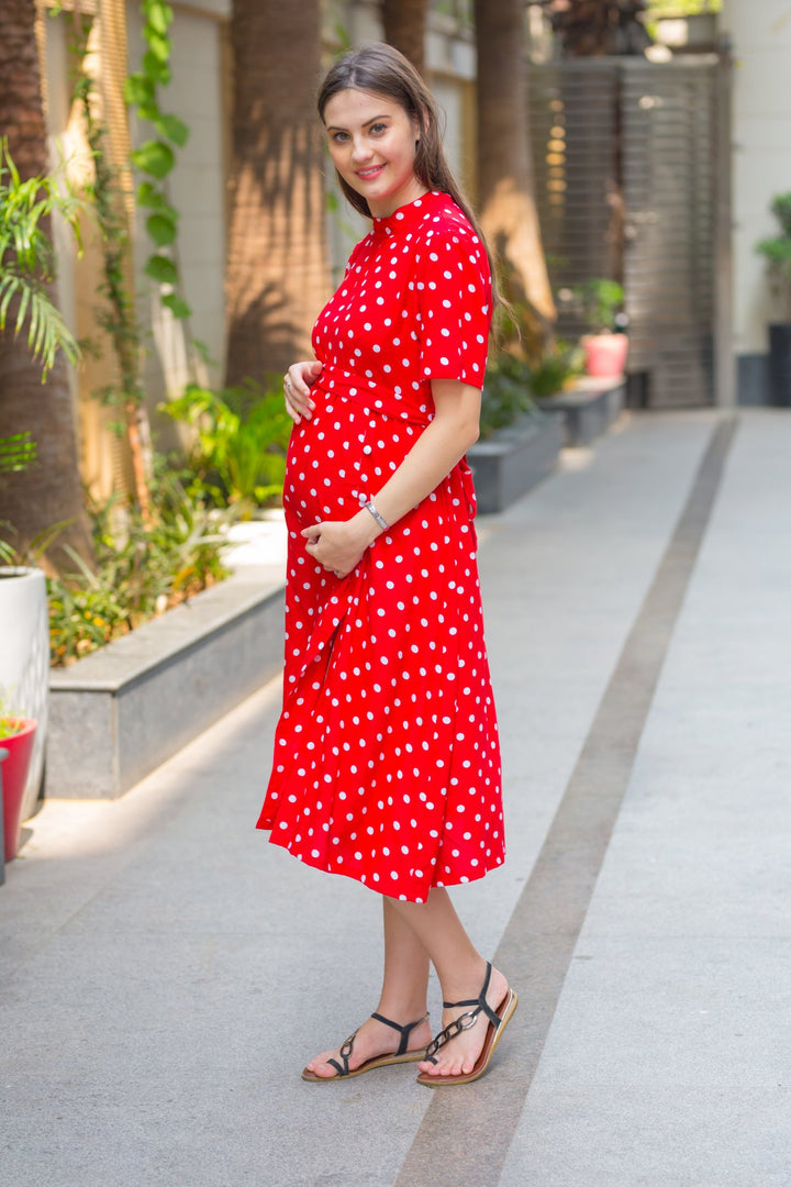 Red Polka Maternity Swing Dress MOMZJOY.COM