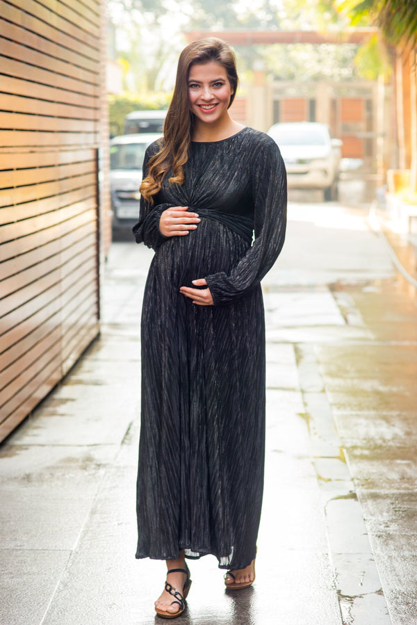 Exquisite Midnight Gold Maternity Knot Dress MOMZJOY.COM