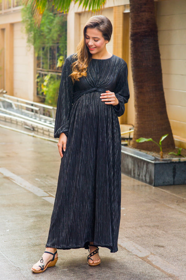 Exquisite Midnight Gold Maternity Knot Dress MOMZJOY.COM