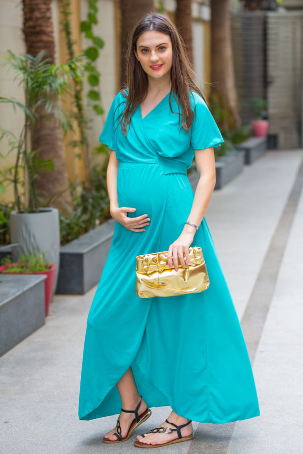 Sky Stretchable Maternity & Nursing Wrap Dress momzjoy.com