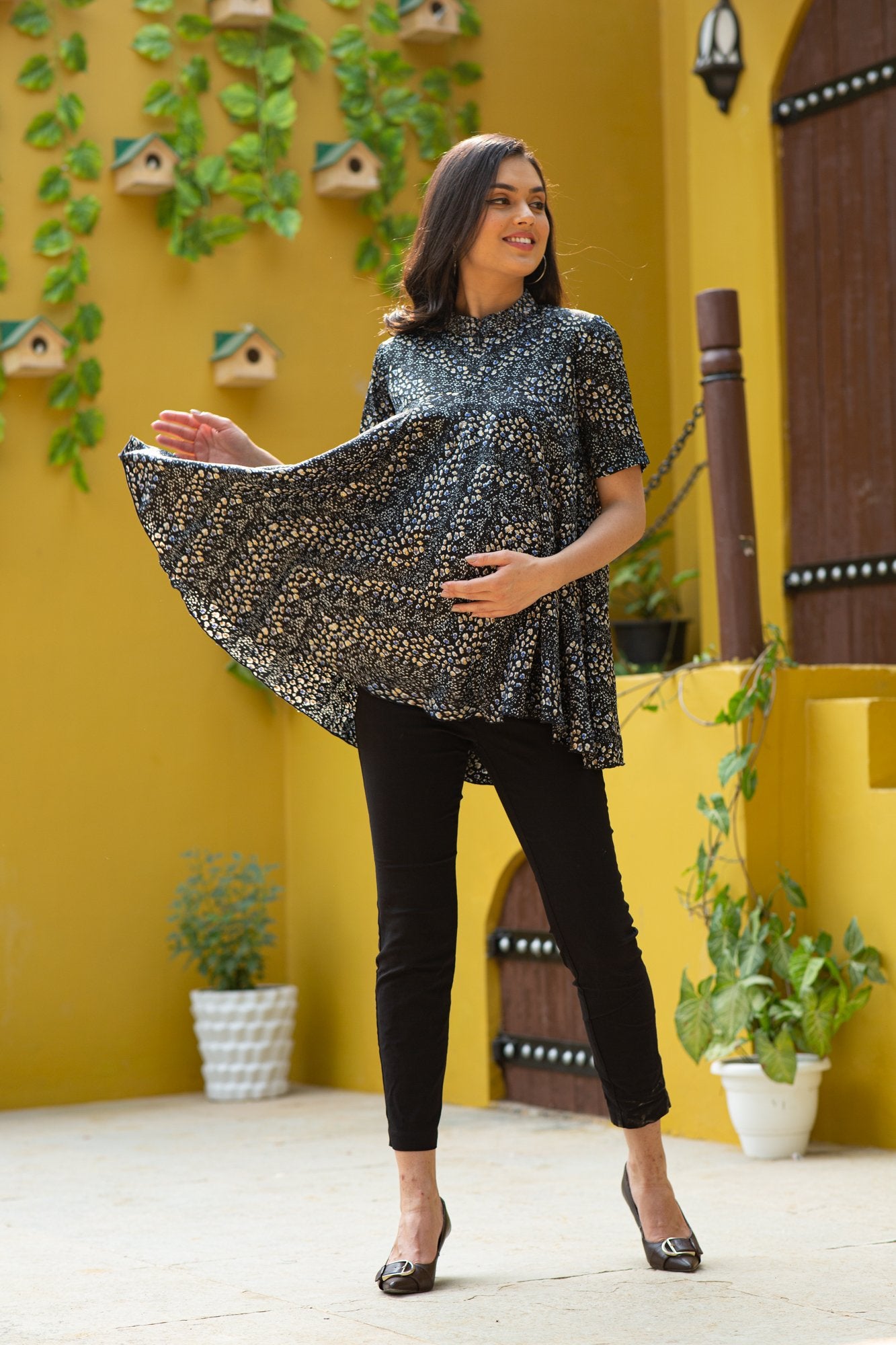 Luxe Black Gold Embellished Blossom Maternity & Nursing Flair Top