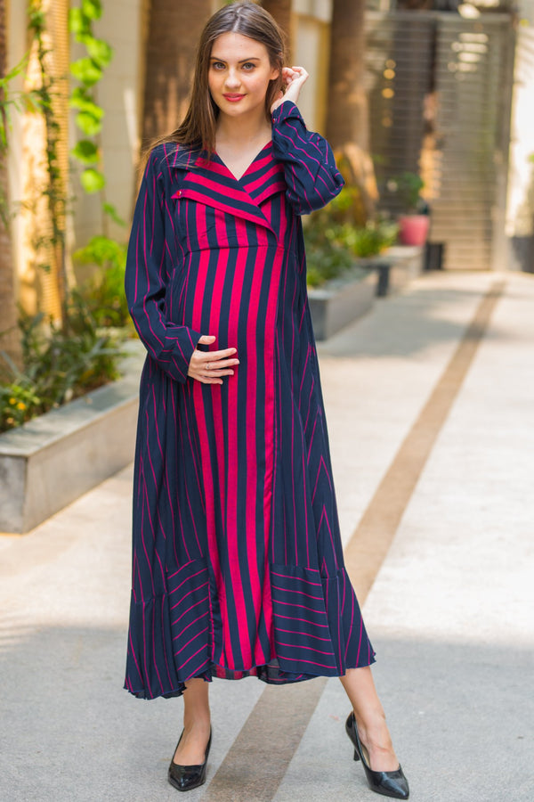 Regal Striped Maternity & Nursing Dress - MOMZJOY.COM