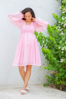 Cute Baby Pink Maternity Knee Dress momzjoy.com
