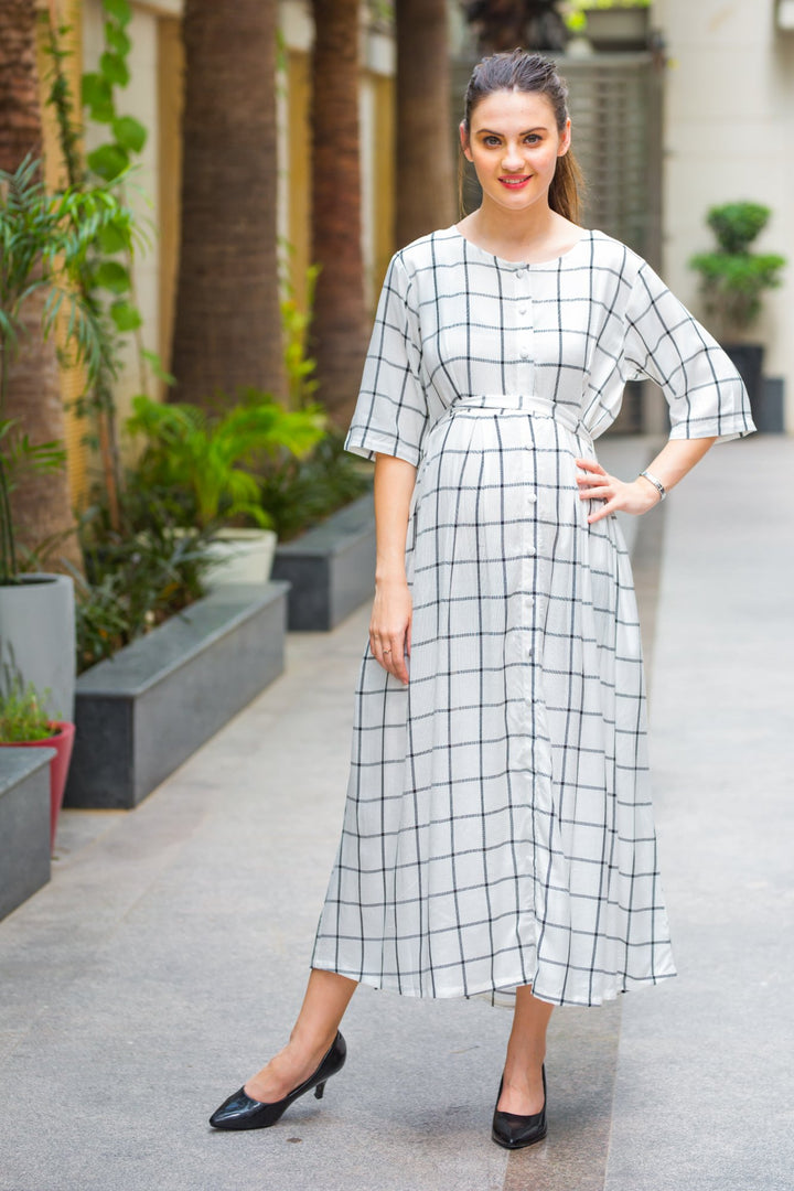 Checked Era Maternity and Nursing Dress MOMZJOY.COM