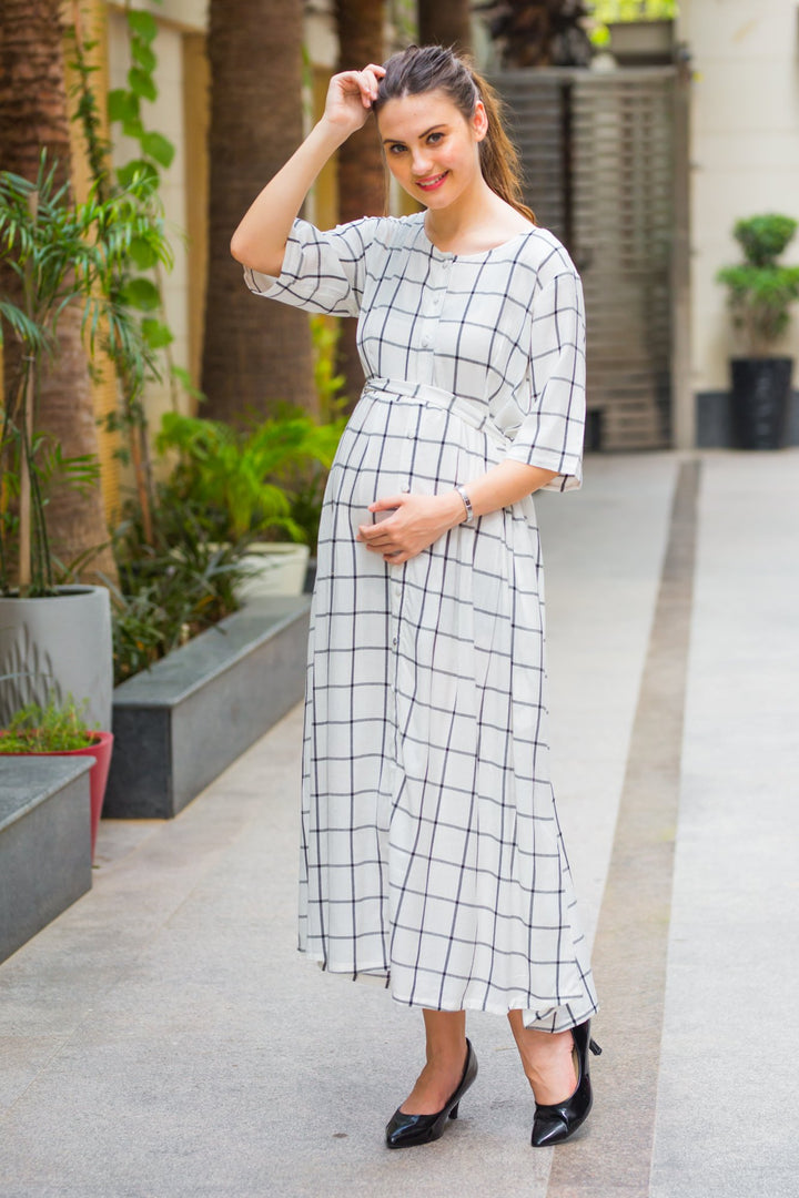 Checked Era Maternity and Nursing Dress MOMZJOY.COM