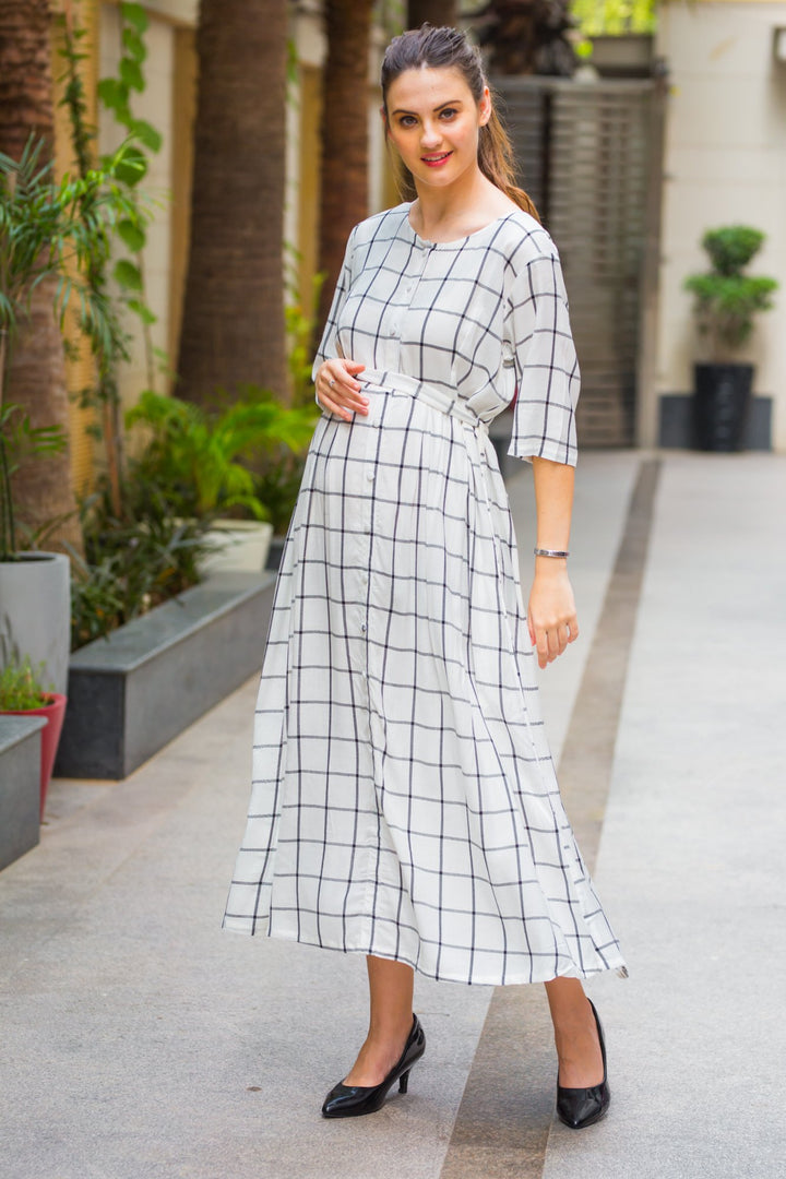 Checked Era Maternity and Nursing Dress MOMZJOY.COM