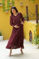 Chic Dotted Mulberry Maternity And Nursing Dress MOMZJOY.COM