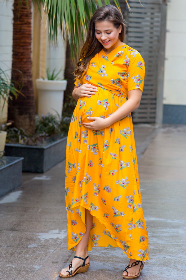 Marigold Yellow Hi-Low Maternity & Nursing Wrap Dress momzjoy.com