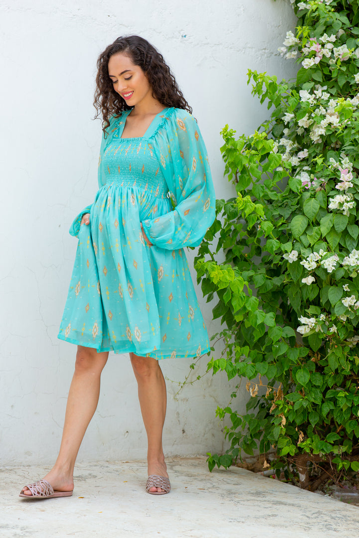 Sizzling Pale Turquoise Maternity Knee Dress momzjoy.com