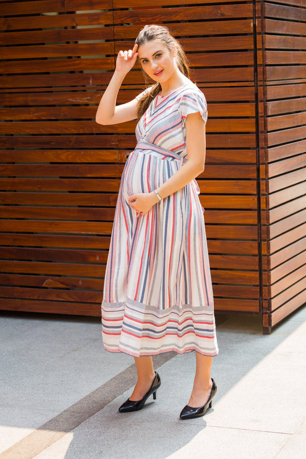 Pastel Viscose Striped Maternity & Nursing Dress MOMZJOY.COM
