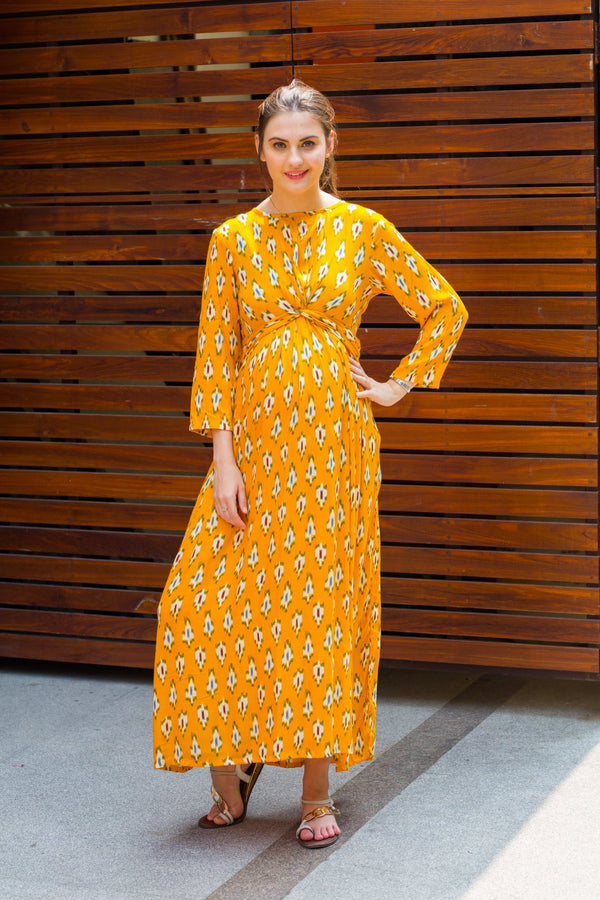 Marigold Yellow Knot Maternity Midi Dress MOMZJOY.COM