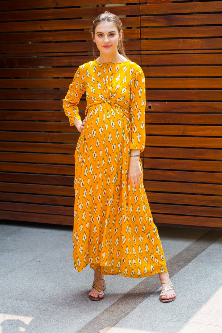 Marigold Yellow Knot Maternity Midi Dress MOMZJOY.COM