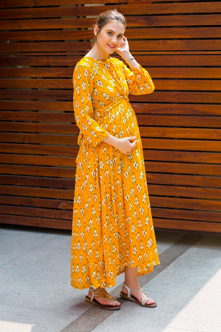 Marigold Yellow Knot Maternity Midi Dress MOMZJOY.COM