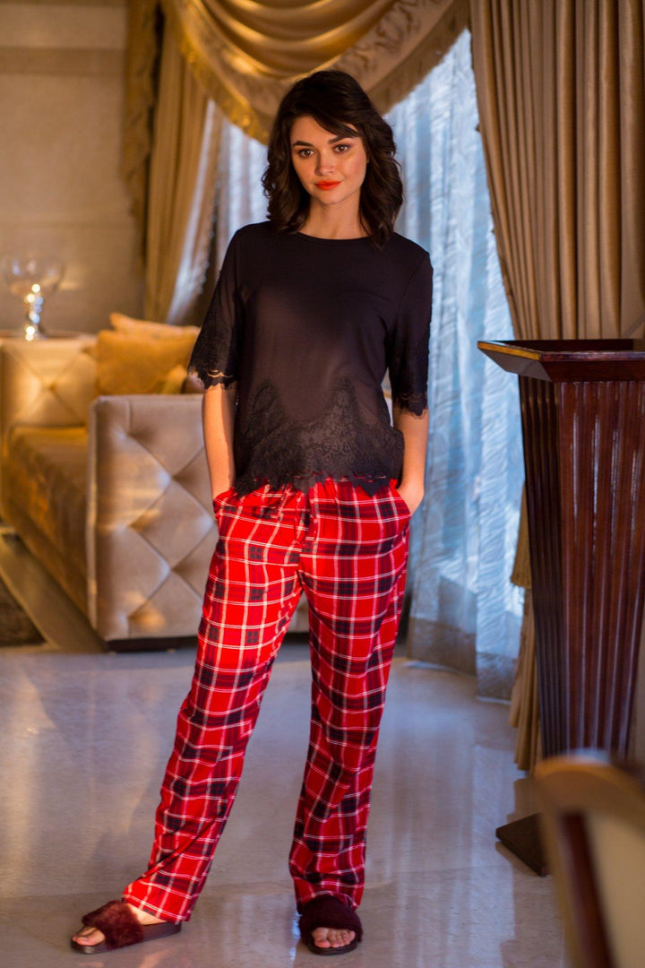 Red Plaid Maternity Cotton Lounge Pants - MOMZJOY.COM