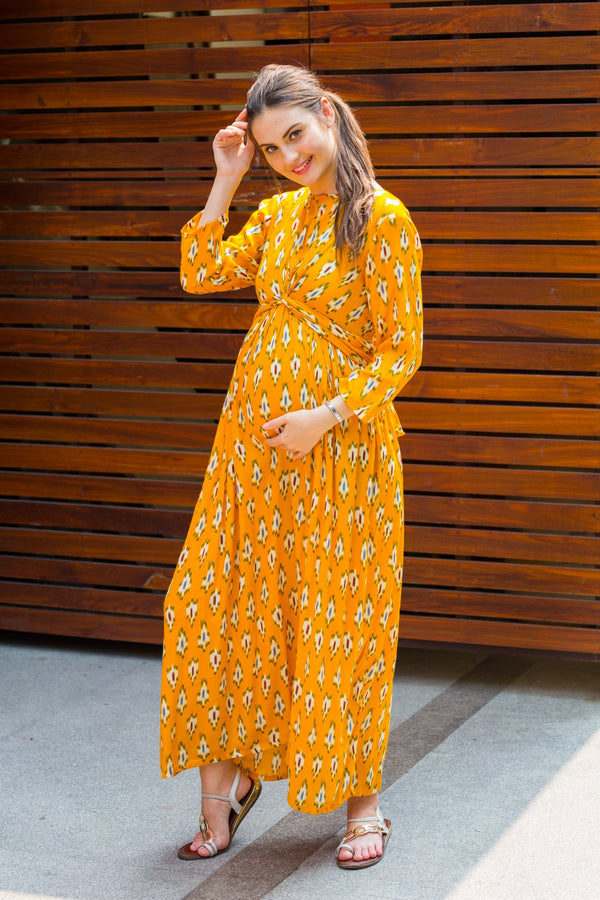 Marigold Yellow Knot Maternity Midi Dress MOMZJOY.COM