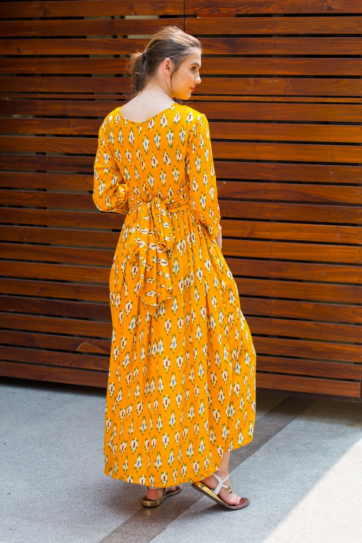 Marigold Yellow Knot Maternity Midi Dress MOMZJOY.COM