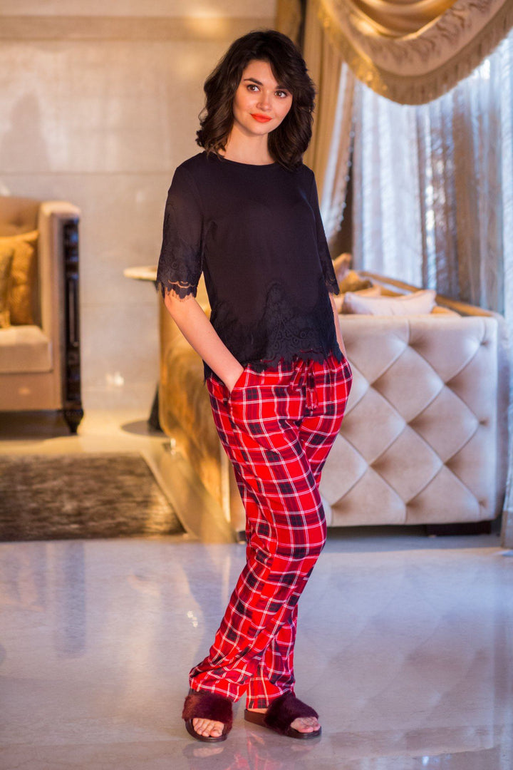 Red Plaid Maternity Cotton Lounge Pants - MOMZJOY.COM