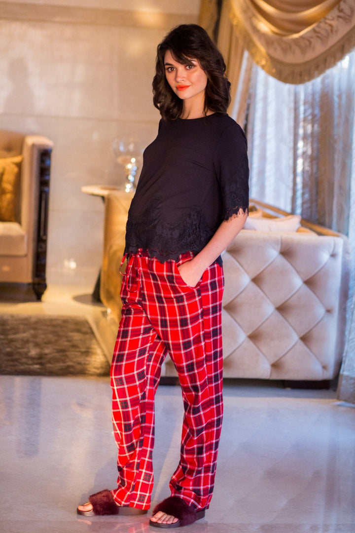 Red Plaid Maternity Cotton Lounge Pants - MOMZJOY.COM