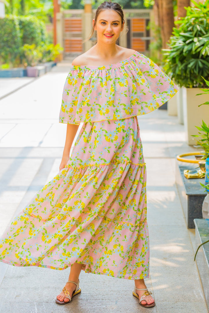 Pink Mint Off-Shoulder Maternity Maxi Dress MOMZJOY.COM